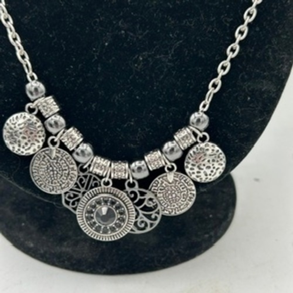 Silver Tone Boho Coin Medallion Necklace Statement Textured Charms Filigree